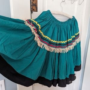 Vintage Teal Handmade Line Dancing Western Swing Skirt with Ricrac and Fringe